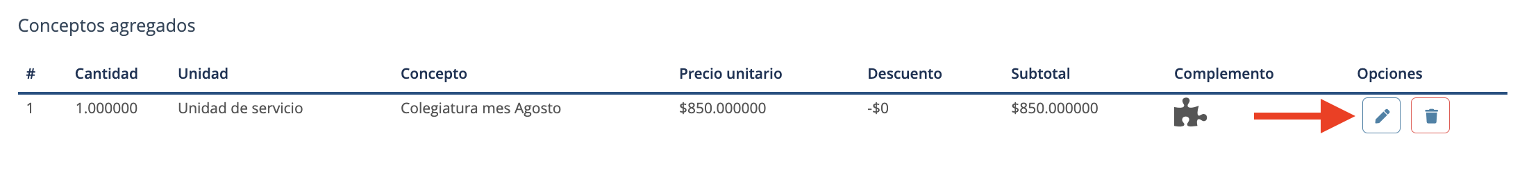 Sección conceptos agregados señalando el botón "Editar"